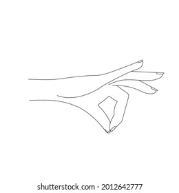 The contour of the hand is graceful, feminine, two fingers are closed in a pinch. The linear contour is isolated on a white background. Concept: hold anything, tattoo, hand drawing, gesture. Vector.