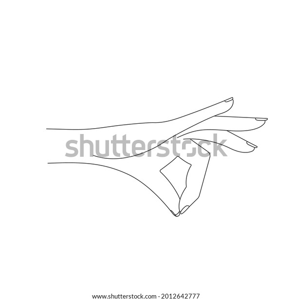 The contour of the hand is graceful, feminine,\
two fingers are closed in a pinch. The linear contour is isolated\
on a white background. Concept: hold anything, tattoo, hand\
drawing, gesture. Vector.