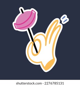 Mano de contorno sosteniendo chuletas de chupa, chullipop o pops de pasteles. Doodle vectorial con estilo de dibujos animados, deliciosos dulces. Sencillo.