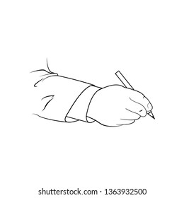 The contour of the hand of a man with a pen. Pen in hand. Writing hand. Vector illustration of black lines isolated on white background.