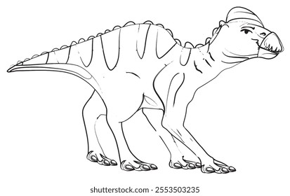 contour and hand-drawn style illustration of an Edmontosaurus Large dinosaur with a crest on its head and patterned skin. Herbivorous dino. vector with white background.