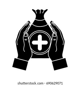 contour hands with bag dotation with heart and cross symbol
