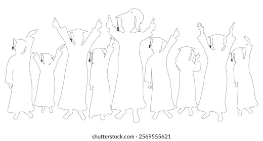 Contour of happy crowd of graduates children in full growth in square academic caps and mantles. Graduation ceremony. Vector  illustration.