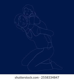 Contour Happy kid riding on mothers back. Smiling laughing mom carrying daughter child. Joyful mum and girl having fun together, piggyback. Flat graphic vector illustration isolated on blue background