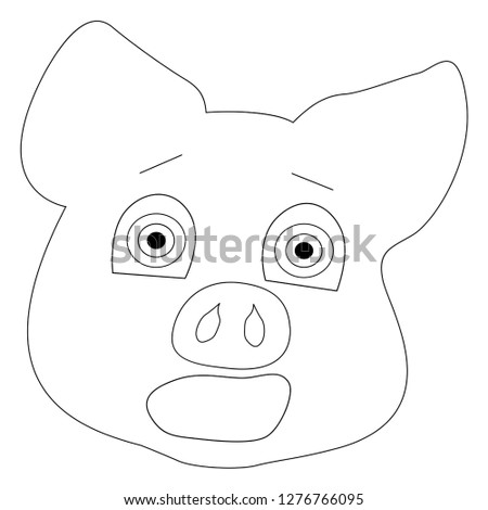 The contour of the head of a pig. Emotion – horror, consternation, fear , fright, phobia, funk, scare, affright. Template for design. Vector.