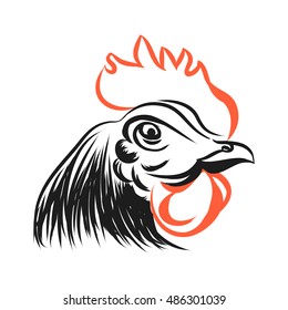 The contour of the head of a rooster with a red crest, abstract vector illustration on white background the head of a chicken