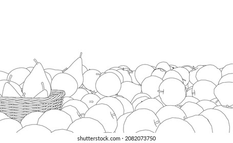 Contour of a heap of apples and pears, and a basket of black lines isolated on a white background. Vector illustration