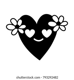 contour heart with flowers in love kawaii cartoon