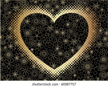 contour heart of halftone elements on floral background