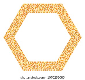 Contour Hexagon mosaic of circle dots in different sizes and color tinges. Circle elements are composed into contour hexagon vector illustration. Dotted vector illustration.