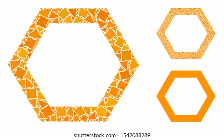 Contour hexagon mosaic of ragged items in different sizes and shades, based on contour hexagon icon. Vector ragged parts are united into collage. Contour hexagon icons collage with dotted pattern.