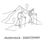 Contour Hikers Navigating Mountain Terrain. Two figures with backpacks and trekking poles ascend a mountain, guided by two prominent location pin markers.