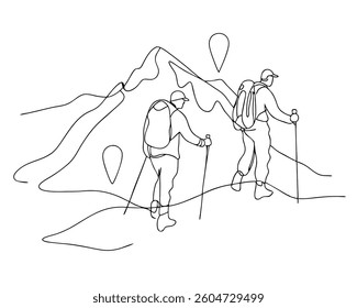 Contour Hikers Navigating Mountain Terrain. Two figures with backpacks and trekking poles ascend a mountain, guided by two prominent location pin markers.