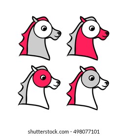 The contour of the horse's head. Set of vector illustrations. A child's drawing of the head pony
