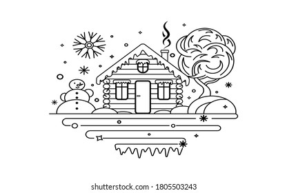 Contour house. Black and white image of a contour wooden house, tree and flower bed. Seasons design element. Vector illustration.