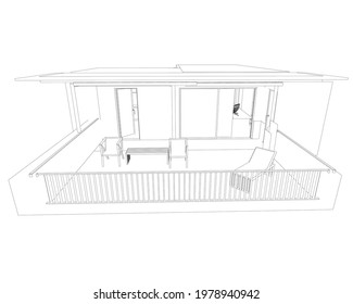 The contour of the house with a summer terrace. 3D. Vector illustration