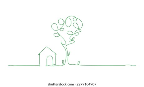 Contour house and tree continuous drawing line illustration vector background