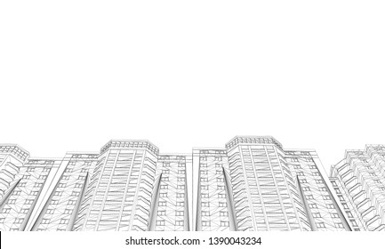 Contour of houses. View from below. Wireframe polygonal houses isolated on white background. Vector illustration