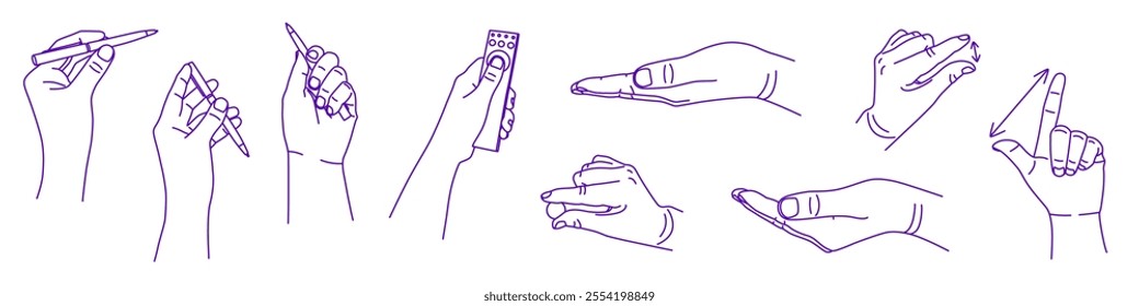 Contour of human hand set. Vector gesture illustration. Concept of communication and expressions. Index, middle, ring, little fingers and thumb