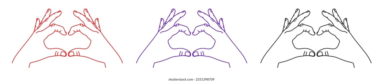 Contour of human hand. Vector gesture illustration. Concept of communication and expressions. Index, middle, ring, little fingers and thumb. Heart love sign
