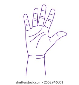 Contorno de la mano humana. Ilustración de gesto de Vector. Concepto de comunicación y expresiones. Índice, medio, anillo, dedos meñiques y pulgar. Líneas del destino