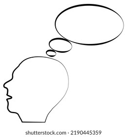 Contour of human head with empty speech bubble from brain isolated on white background. Vector design element.