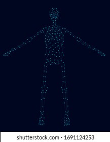 The contour of a human skeleton of blue lines with luminous lights on a dark background. Vector illustration