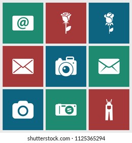 Contour icon. collection of 9 contour filled icons such as rose, email, camera, mail. editable contour icons for web and mobile.