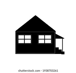 Contour icon of a one-story house with large windows and a porch. Black building on a white background.