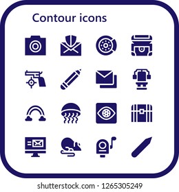  contour icon set. 16 filled contour icons. Simple modern icons about  - Photo, Mail, Brake disc, Chest, Gun, Pencil, Mails, Rainbow, Medusa, Capture, Rat