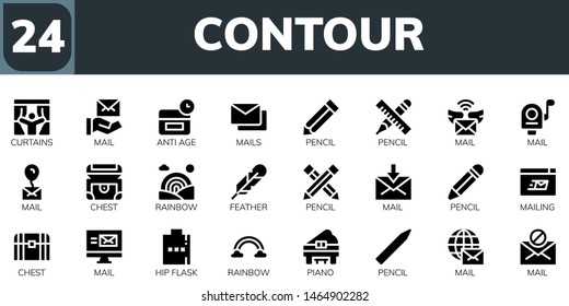 contour icon set. 24 filled contour icons.  Collection Of - Curtains, Mail, Anti age, Mails, Pencil, Chest, Rainbow, Feather, Mailing, Hip flask, Piano