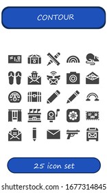 conjunto de iconos de contorno. 25 iconos de contorno rellenos.  Iconos modernos sencillos, como: Sobre, Torso, Lápiz, Arco Iris, Rata, Sandalias, Correo, Foto, Velocímetro, Cortina, Estadio, Fotos, Arma