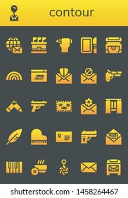 contour icon set. 26 filled contour icons.  Simple modern icons about  - Mail, Stadium, Pencil, Dissection, Chest, Rainbow, Mailing, Gun, Curtain, Feather, Piano, Envelope, Bowl