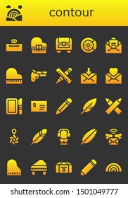 contour icon set. 26 filled contour icons.  Collection Of - Piano, Rainbow, Chest, Brake disc, Mail, Gun, Pencil, Dissection, Envelope, Feather, Pencils, Belly piercing