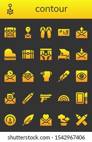 contour icon set. 26 filled contour icons.  Simple modern icons about  - Chest, Belly piercing, Mail, Sandals, Envelope, Piano, Curtains, Pencil, Feather, Capture, Gun, Rainbow