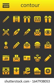 contour icon set. 26 filled contour icons. Included Pencil, Key card, Curtain, Sandals, Speedometer, Feather, Mail, Capture, Medusa, Mailing, Envelope, Curtains, Piano, Photos icons