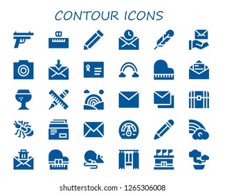  contour icon set. 30 filled contour icons. Simple modern icons about  - Gun, Piano, Pencil, Mail, Feather, Photo, Envelope, Rainbow, Brandy, Mails, Chest, Ant, Speedometer, Rat