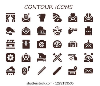  contour icon set. 30 filled contour icons. Simple modern icons about  - Curtains, Mail, Pencil, Rainbow, Rat, Piano, Gun, Hip flask, Stadium, Photo, Speedometer, Chest, Photos