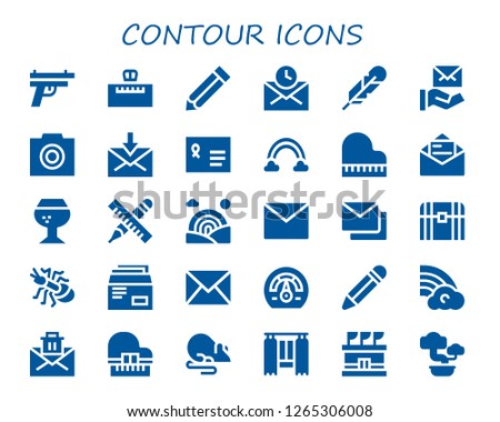  contour icon set. 30 filled contour icons. Simple modern icons about  - Gun, Piano, Pencil, Mail, Feather, Photo, Envelope, Rainbow, Brandy, Mails, Chest, Ant, Speedometer, Rat