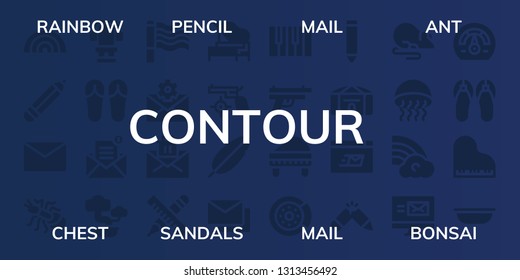 contour icon set. 32 filled contour icons. on blue background style Simple modern icons about  - Rainbow, Pencil, Mail, Ant, Chest, Sandals, Bonsai, Piano, Gun, Feather, Mails