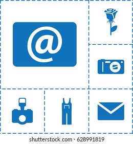 Contour icon. set of 6 contour filled icons such as jumpsuit, rose, email, camera