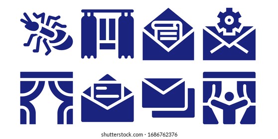contour icon set. 8 filled contour icons.  Simple modern icons such as: Curtains, Ant, Mail, Curtain, Mails