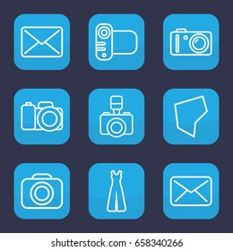 Contour icon. set of 9 outline contour icons such as jumpsuit, camera, land territory