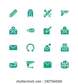 contour icon set. Collection of 16 filled contour icons included Email, Mail, Gun, Piercing, Pencil
