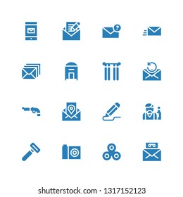 contour icon set. Collection of 16 filled contour icons included Mail, Gun, Photo, Razor, Barman, Pencil, Email, Curtains