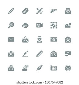 contour icon set. Collection of 25 filled contour icons included Envelope, Photo, Feather, Rainbow, Mail, Email, Pencil, Barman, Graphic designer, Facetime, Gun, Razor