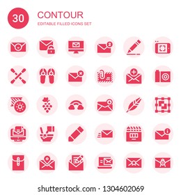 contour icon set. Collection of 30 filled contour icons included Email, Mail, Pencil, Earbuds, Sandals, Envelope, Bobbin, Grapes, Rainbow, Feather, Mixed, Photo, Graphic designer