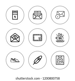 Contour icon set. collection of 9 outline contour icons with feather, envelope, mail, gun, sandals, table icons. editable icons.