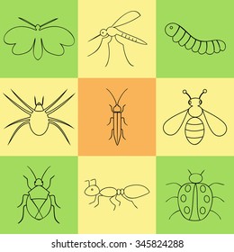 contour icons with crawling and flying insects
