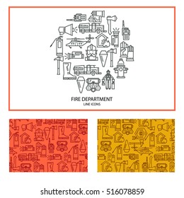 Contour Icons Fire Department. Label in the form of a circle. Template pattern for a banner.